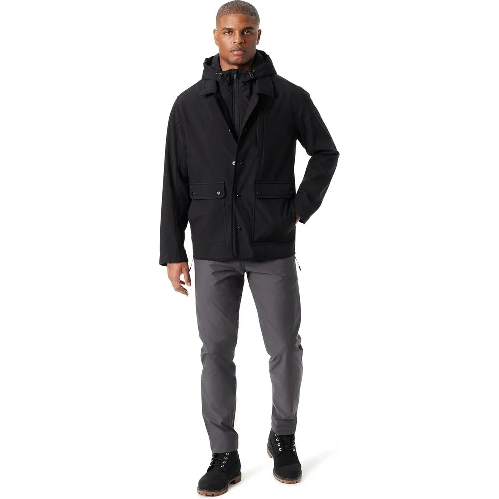 Bass Outdoor Storm System Barn Jacket Men Black Snap Button Removable Hood FTS45